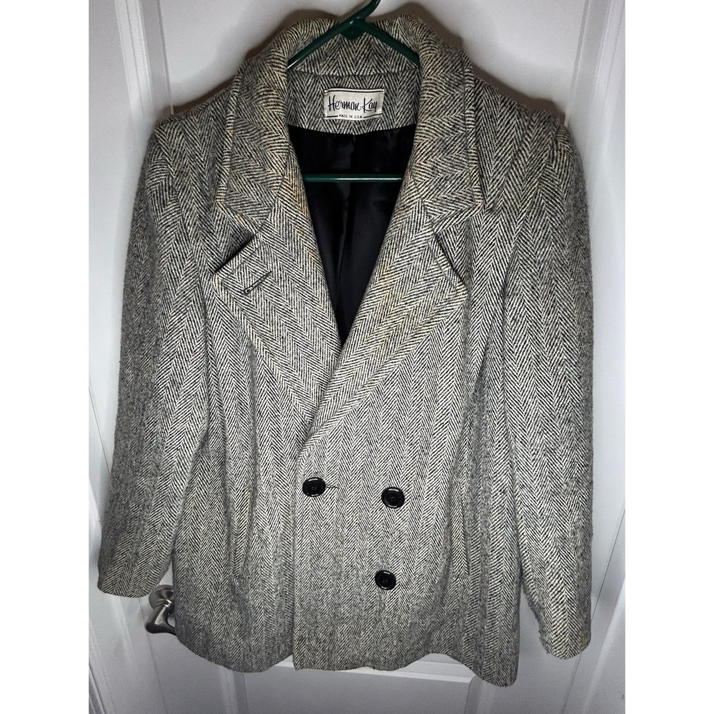 Vintage Herman Kay Herringbone Twill Wool Grey Coat Sz Womens XL